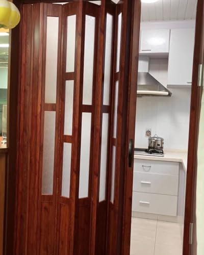 Puerta Plegable Puerta Plegable Tipo Acordeón Para Cocina, Protector de Privacidad para Mampara Interior Plegable Marrón, Puerta Corrediza de Aluminio Impermeable para Armario con Kit Completo(77x80in