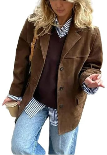 Chaqueta de piel sintética para mujer, de ante, con cuello de ante, para otoño e invierno, de moda, de ante, marrón, L