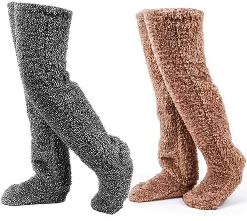 GROVL 2 Pairs Cozy Thigh High Fuzzy Long Socks - Plush Slipper Stockings for Winter, Home, Sleeping - Dark Gray + Brown