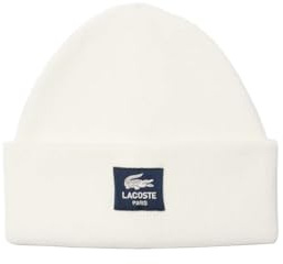 Lacoste Ribbed Cotton Badge Beanie Hat White Flour