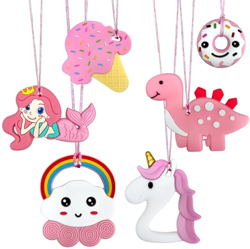 Felicify Kauhalskette, 6 Stück Halskette zum Kauen, Kauspielzeug aus Silikon, Anhänger zum Kauen, sensorischer Teether, für Kinder Erwachsene mit ADHS, Autismus, Zahnung (D)