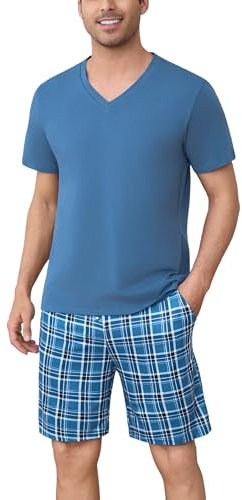Bresdk Schlafanzug Herren Pyjama Kurz Sommer Schlaf Shorts Herren Kariert mit Taschen Kobaltblau XL