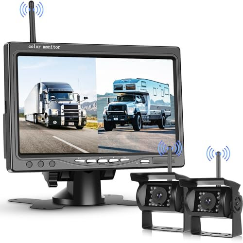 Hodozzy Digital Wireless Backup Camera System Kit, 7 Inch HD Touch Screen Monitor With 2 Cameras, Blind Spot Warning IP 68 Waterproof Night Vision, Reversing Monitor for Trucks/RV/Trailers/Bus/Vans