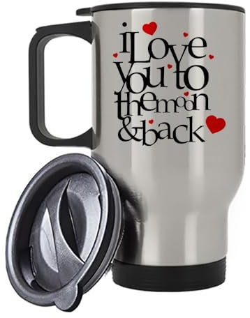 Giftme I Love You to The Moon & Back, Insulated Travel Mug, Tea, Coffee Mug. (Silver)