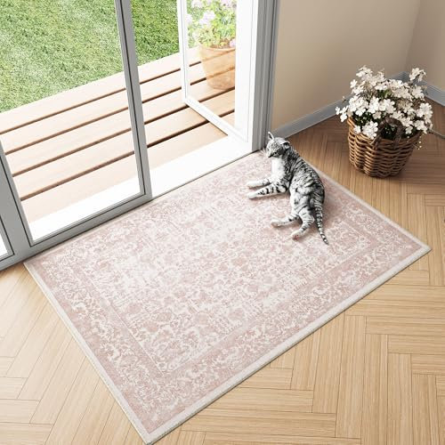 HUGEAR Vintage Tappeto Ingresso Interno Rosa Tappeti 60x90cm Antiscivolo Lavabile in Lavatrice Tapette Cucina Camera da Letto Entrata Scendiletto Ufficio Pelo Corto Piccolo Carpet