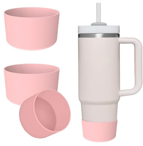 2pcs Silicone Boots for Stanley Cup 40oz-7.5cm Silicone Spill Proof Stopper Set Water Bottle Bottom Cup Tumbler Case Accessories Sleeve Cover for Protect Bottle and Reduce Noise (Pink)