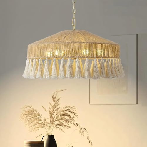 VTAMng Rattan Pendelleuchte Lichtern großer Boho Kronleuchter Wabi Sabi Hängelampe mit Fransenquaste Kronleuchter Beleuchtungskörper für Wohnzimmer Esszimmer Küche Schlafzimmer Kinderzimmer Mädchenzim