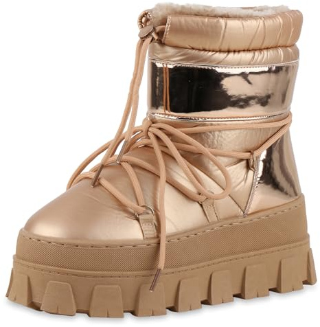 VAN HILL Damen Stiefeletten Winter Boots Warm Gefüttert mit Keilabsatz Metallic Profilsohle