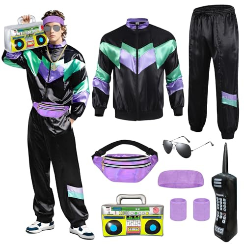 YAEGIMHT 80er 90er Outfit Herren Damen mit Accessoires, Trainingsanzug Kostüm mit Sportjacke Hose Hip-Hop Accessoires Aufblasbares Telefon Lautsprecher Retro 80er 90er Hip Hop Outfit