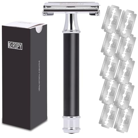 KEROPY Doppelschneidiger Rasierhobel mit 10 Premium-Edelstahl, glänzend silber