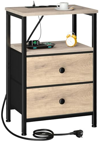 AMHANCIBLE Nachttisch mit Ladefunktion, Beistelltisch mit 2 Stoffschubladen | Sofatisch mit offenem Regal, 2USB-Anschlüssen & 2 Steckdosen, Nachtschrank für Schlafzimmer, Wohnzimmer, Grau HETS020GY-1
