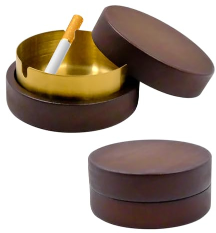 HVIHWI 1-Pack Outdoor Ashtray with Lid Smell Proof, Ash Trays Outdoors Windproof with Removable Stainless Steel Insert, Walnut Wood Cigarette Tray for Garden, Patio, Home and Office Use