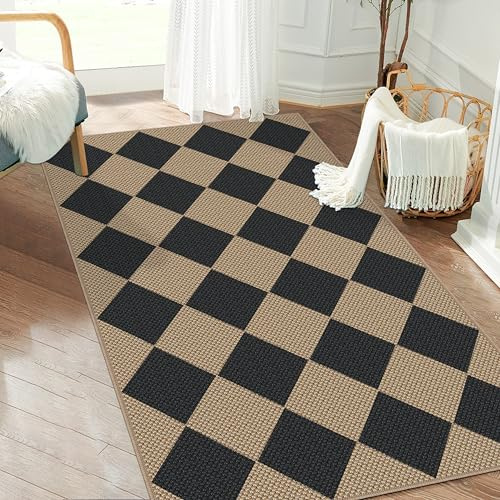 Capslpad Teppich Läufer Flur 80x150cm, Raute Jute Aussehen Küchenteppich Natürlich Waschbar Outdoor Teppich Schwarz rutschfest Küchenläufer für Flur, Küche, Schlafzimmer, Balkon, Terrasse