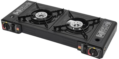 Réchaud à gaz de camping à 2 feux avec mallette de transport - 2 x 2500 W - Avec allumage piézo et valve de sécurité - Pour cartouche de gaz butane/GPL - Idéal pour le camping, le jardin, le
