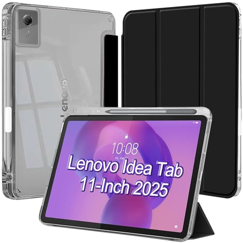 Hülle für Lenovo Idea Tab 11 Zoll Tablet 2025 mit Stifthalter Case Schwarz | Weiche TPU Stoßkante Kristallklare Transparente Rückseite Schlankes Design Standfunktion Automatisches Aufwecken Und Schlafen