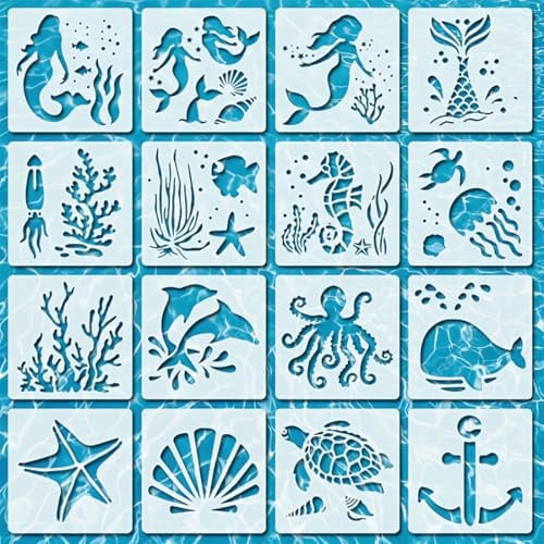 JYXNU 16 Piezas Plantillas de pintura de criaturas marinas, Plantillas de Pintura y Dibujo en Color para Niños Reutilizables, DIY Plástico Plantillas para Scrapbooking, Diario y Álbum de Bricolaje