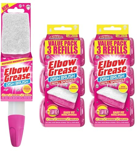 Washing Up Sponges Soap Dispensing Dish Brush with Handle, Dishwashing Brush with Refill Sponge Heads, Kitchen Cleaning Scrubber, Non Scratch Sponge, Easy Fill Liquid Dish Brush Pink (6 Refills)