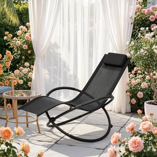 staronce Schaukelsessel mit Liegefunktion, bequemer Sonnenliegenstuhl aus Textilene und Metall, ergonomischer Relaxsessel für Terrasse und Garten, schwarz, bis 160 kg