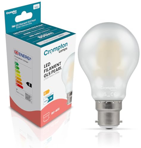 Crompton Lamps Filament GLS LED Light Bulb BC-B22d | 7W = 60W Equivalent | Warm White 2700K | Energy Efficient | Bayonet Lightbulb | Long Life 10,000-Hrs | Pearl Glass | Dimmable