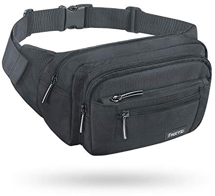FREETOO Gürteltasche für Damen und Herren mit 6 Reißverschlusstaschen – wasserdichte Bauchtasche für Spaziergänge mit Hunden, Laufen, Wandern, Reisen und Urlaub, grau, S