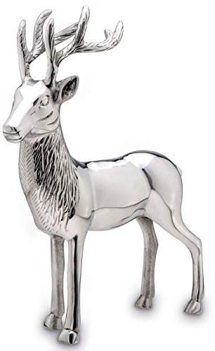 Große stehende Aluminium XXL Deko Hirsch-Figur - silbern glänzende Jagdfigur mit Geweih - Weihnachts-Deko zum Hinstellen Höhe 40 cm
