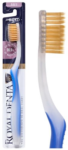 Zahnbürste Weich mit Goldpartikeln | Weiche Handzahnbürste für Feste Zahnspangen & Empfindliches Zahnfleisch | Antibakterielle Doppelborsten | Royal Denta | Blau