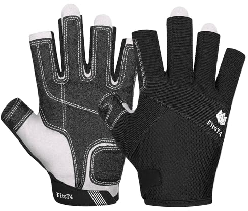 FitsT4 Sports Kajak Handschuhe 3/4-Finger gepolsterte Handfläche Mesh Rücken für Komfort Perfekt zum Segeln, Paddeln, Kanufahren, Kajakfahren, SUP Stehpaddeln,Schwarz,L