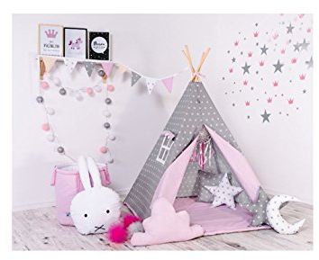 Kinder Teepee Tipi Set für Kinder Spielzeug drinnen draußen Spielzelt Zelt 8 Elemente dabei Tipi-Set Indianer Indianertipi mit Fenster usw. (mit Zubehör, Grauer Stern)