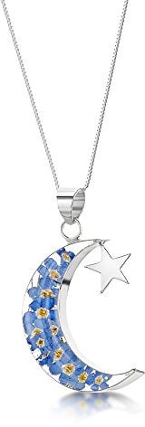 Shrieking Violet 925 Sterling Silver Moon and Star Real Flower Pendant Necklace - Forget-Me-Not (Blue)