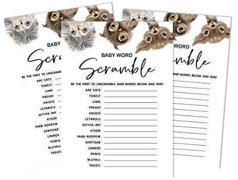 Inkdotpot Satz Von 50 Baby Dusche Wort Scramble Spielkarten Hirsch, Eule Und Igel Dschungeltiere Party Zubehör Spaß Baby Dusche Spiel Gefälligkeiten