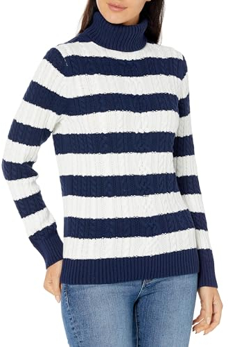 Amazon Essentials Damen Leichter Rollkragenpullover Mit Zopfmuster (Erhältlich In Übergröße), Marineblau Weiß Rugby-Streifen, M