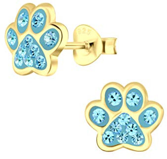 FIVE-D Ohrringe Pfote Tatze Hund 925 Sterling Silber gold Kinder Damen Mächen (Gold-Hellblau)