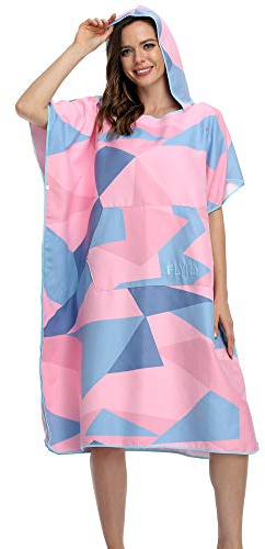 FLYILY Microfaser Surf Poncho Handtuch mit Kapuze Bademantel zum Schwimmen und Strand wechseln Einheitsgröße Alle Erwachsenen(PinkGeometry,L)