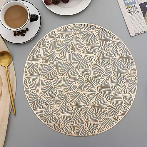 Hosoncovy 4er Pack Ginkgo Biloba Dekorative Tischsets Runde Tischset PVC Tischsets Hohl Tisch Tischsets Hitzebeständig rutschfeste Tischsets Blatt Tischset für die Wohnküche (Gold)