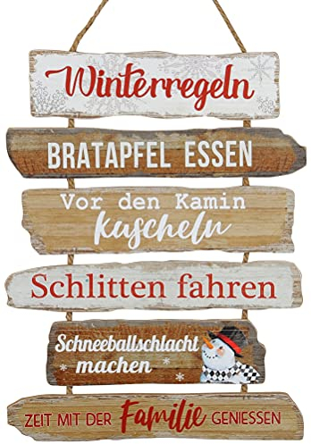 B2S BACK2SEASON Schild Winterregeln zum Hängen Schnee Schlitten Holz Tafel Wand-Deko H=46 cm + 13 cm Hänger