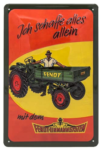 FENDT Einmannsystem, Traktor - hochwertig geprägtes Blechschild, Türschild, Wandschild, Garagenschild, Werkstatt Deko, Retro Werbeschild, 30 x 20 cm