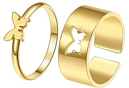 FSFA 2-Teiliges Schmuck Set Paar Schmetterlings Ring Set,Partnerringe Schmetterling,Versprechen Rringe Bandringe Gold Silber FüR Sie Und Ihn