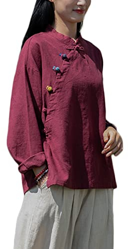 NFYM Chemisier en coton et lin pour femme - Manches longues - Style rétro chinois - Coupe ample, rouge vin, Taille Unique