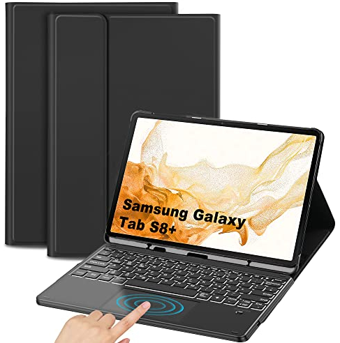 JANOLTY Tastiera Cover per Samsung Galaxy TAB S8+ 12.4 Pollici 2022 & Tab S7 FE 2021, AZERTY Tastiera Bluetooth Senza Fili per Samsung Galaxy Tab S7 Plus/S7+ Retroilluminato Tastiera con Custodia &