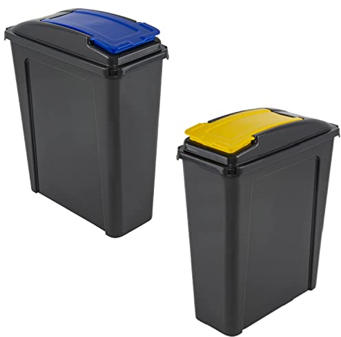 M1SS Set of 2-25L Litre Plastic Indoor Recycle Slimline Waste Bin with Lid for in the Home/Kitchen- Made in UK (Blue And Yellow)