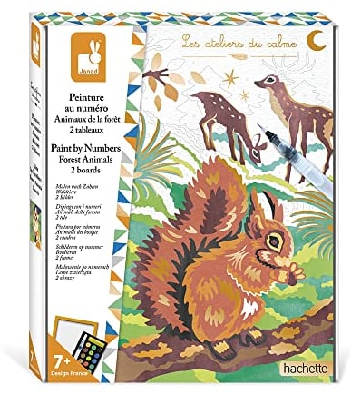 Janod - Coffret Peinture Par Numéro Animaux de la Forêt - 2 Tableaux à Réaliser - Les Ateliers du Calme - Kit Loisir Créatif Enfant - Dès 7 Ans, J07983, Taille unique
