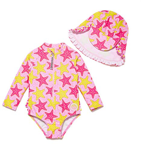 BONVERANO Traje de baño de una Pieza para niña, Mangas largas, protección UV 50+ con Gorra(Rosa-Estrellas,12-18meses…