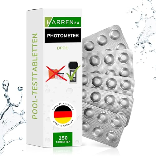 Harren24 probador de agua, fotómetro, tabletas de prueba DPD1 para determinar el contenido de cloro mediante probadores electrónicos para piscinas (p. ej. Poollab), 50x, 100x, 250x, 500x (250)
