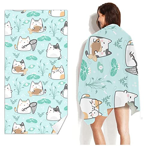Strandtuch Netter Katzen-Türkis Microfaser Handtücher Strandhandtuch Tragbar Badetuch Sand Proof Strandlaken Ultraleicht Schnelltrocknend Beach Towel Antirutsch Strandtücher Duschtuch 70x150cm