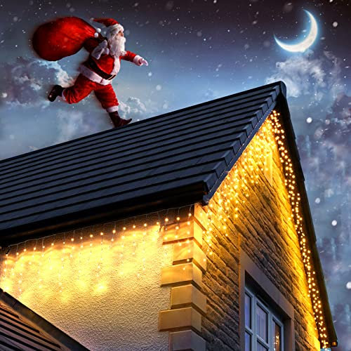 Dalugo 7.5M+10M 240 LED Warm White Icicle Outdoor Christmas Lights with Memory Function, 6 Hours Timer, Waterproof Mains Powered for Roof, Balcony (Clear Cable)