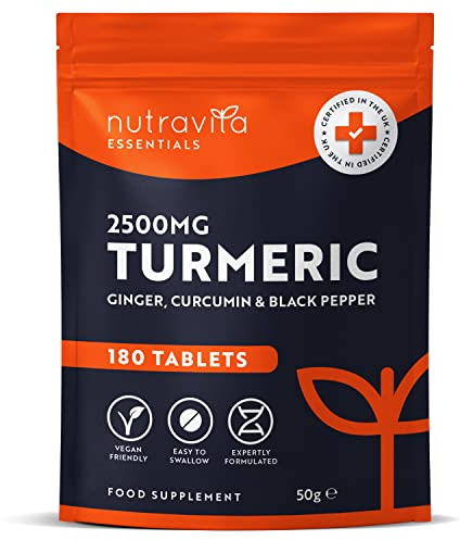 Nutravita Turmeric Tablets 2500mg with Black Pepper & Ginger - 180 High Strength Tumeric Curcumin Supplements (3 Month Supply) - Vegan - Alternative to Capsules - Letterbox Friendly - UK Made