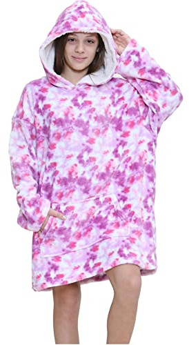 A2Z 4 Kids Girls Oversized Hoodie Tie Dye Lilac Printed Snuggle Blanket Super Soft Warm Fleece Kangaroo Pocket Hooded Blankets