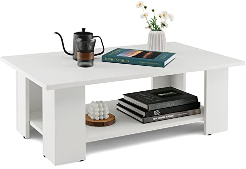 COSTWAY 2 Ebenen Couchtisch aus Holz, Wohnzimmertisch modern, Kaffeetisch Beistelltisch bis zu 125kg belastbar, 90 x 52 x 32 cm, weiß