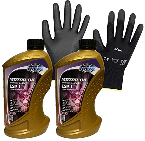ILODA Schutzhandschuh + 2x MPM 1Liter 0W-30 Premium Synthetic ESP-L Motoröl, Longlife III, ACEA C3, API SN Freigabe für VW 504.00/507.00 und für BMW LL-04