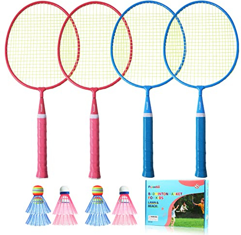 PULEEBO Kids Badminton Racket Set - Children Beginner Family Outdoor Camping Badminton Sport Game Steel Alloy Badminton Racket Including 4 Rackets 8 Shuttlecocks 1 Storage Bag